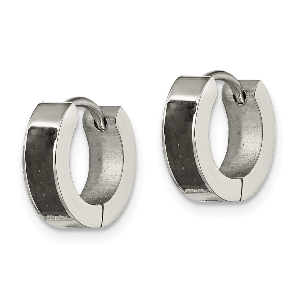 SRE1531 Chisel Stainless Steel Polished with Carbon Fiber Inlay 4mm Hinged Hoop Earrings