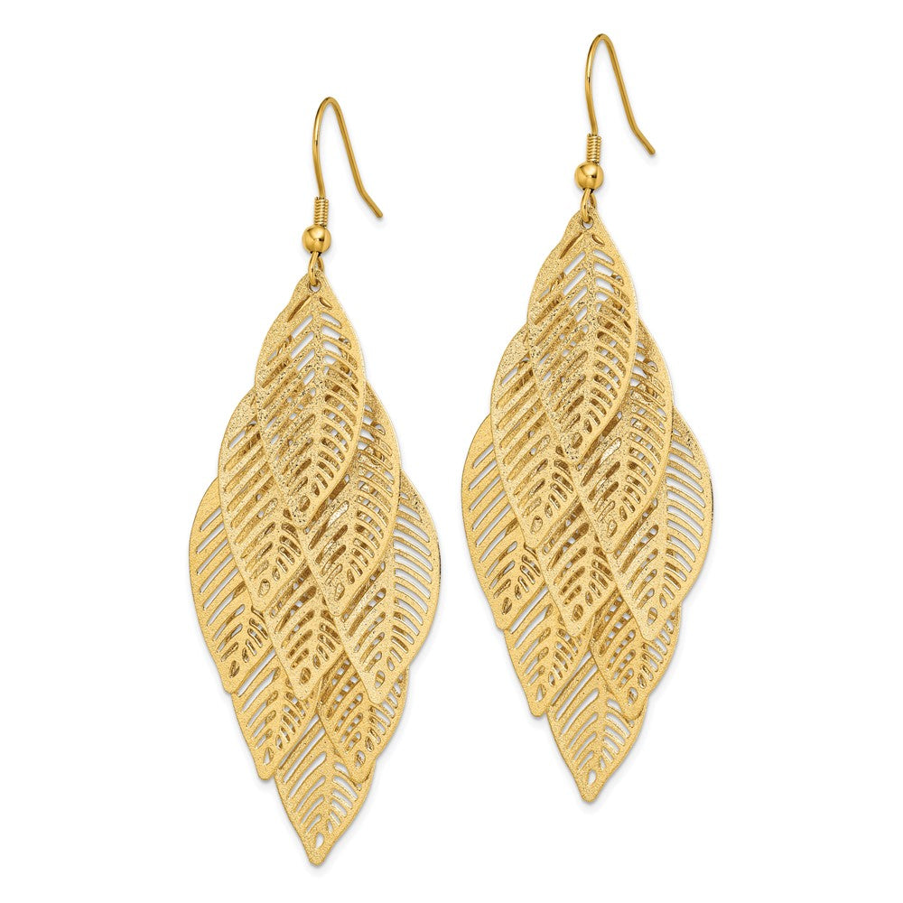 SRE1544 Chisel Stainless Steel Polished and Textured Yellow IP-plated Leaves Dangle Shepherd Hook Earrings
