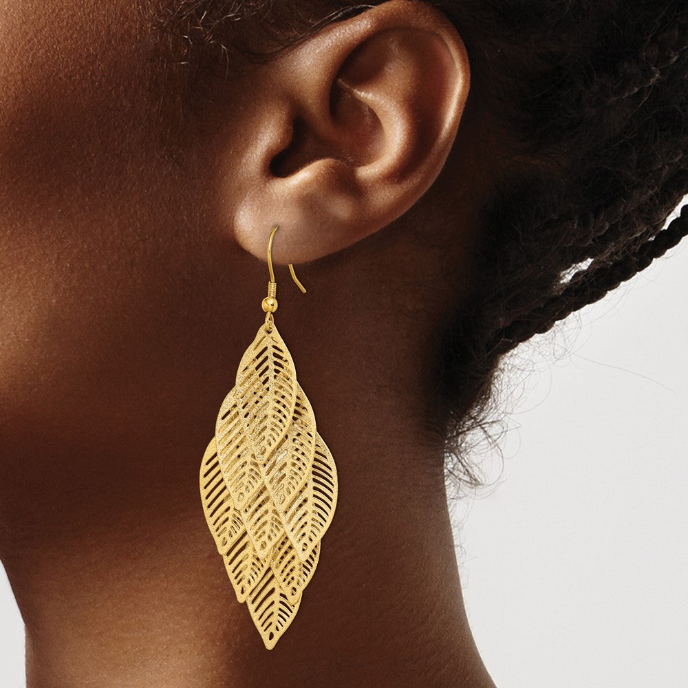 SRE1544 Chisel Stainless Steel Polished and Textured Yellow IP-plated Leaves Dangle Shepherd Hook Earrings