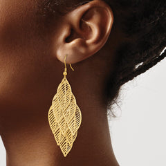 SRE1544 Chisel Stainless Steel Polished and Textured Yellow IP-plated Leaves Dangle Shepherd Hook Earrings