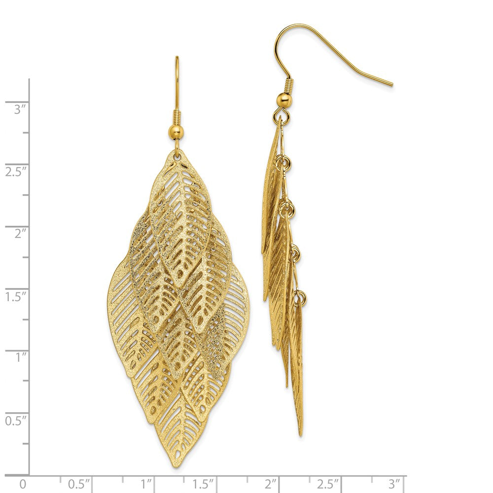 SRE1544 Chisel Stainless Steel Polished and Textured Yellow IP-plated Leaves Dangle Shepherd Hook Earrings
