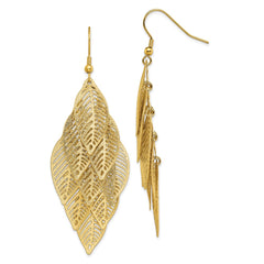SRE1544 Chisel Stainless Steel Polished and Textured Yellow IP-plated Leaves Dangle Shepherd Hook Earrings