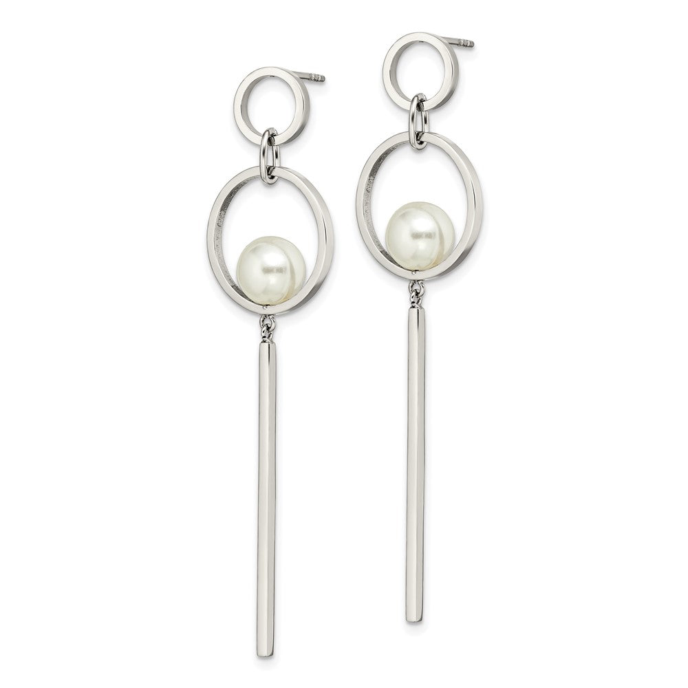 SRE1571 Chisel Stainless Steel Polished with Simulated Pearl Post Dangle Earrings