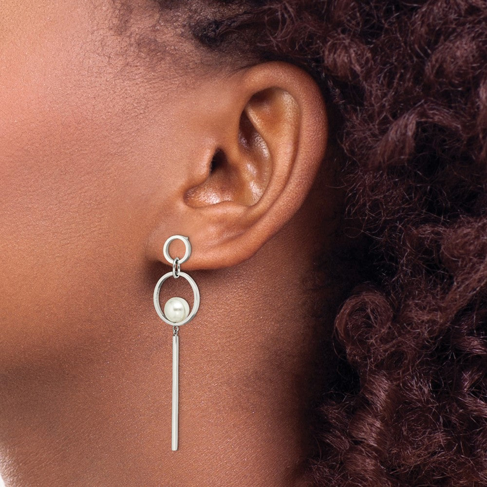 SRE1571 Chisel Stainless Steel Polished with Simulated Pearl Post Dangle Earrings