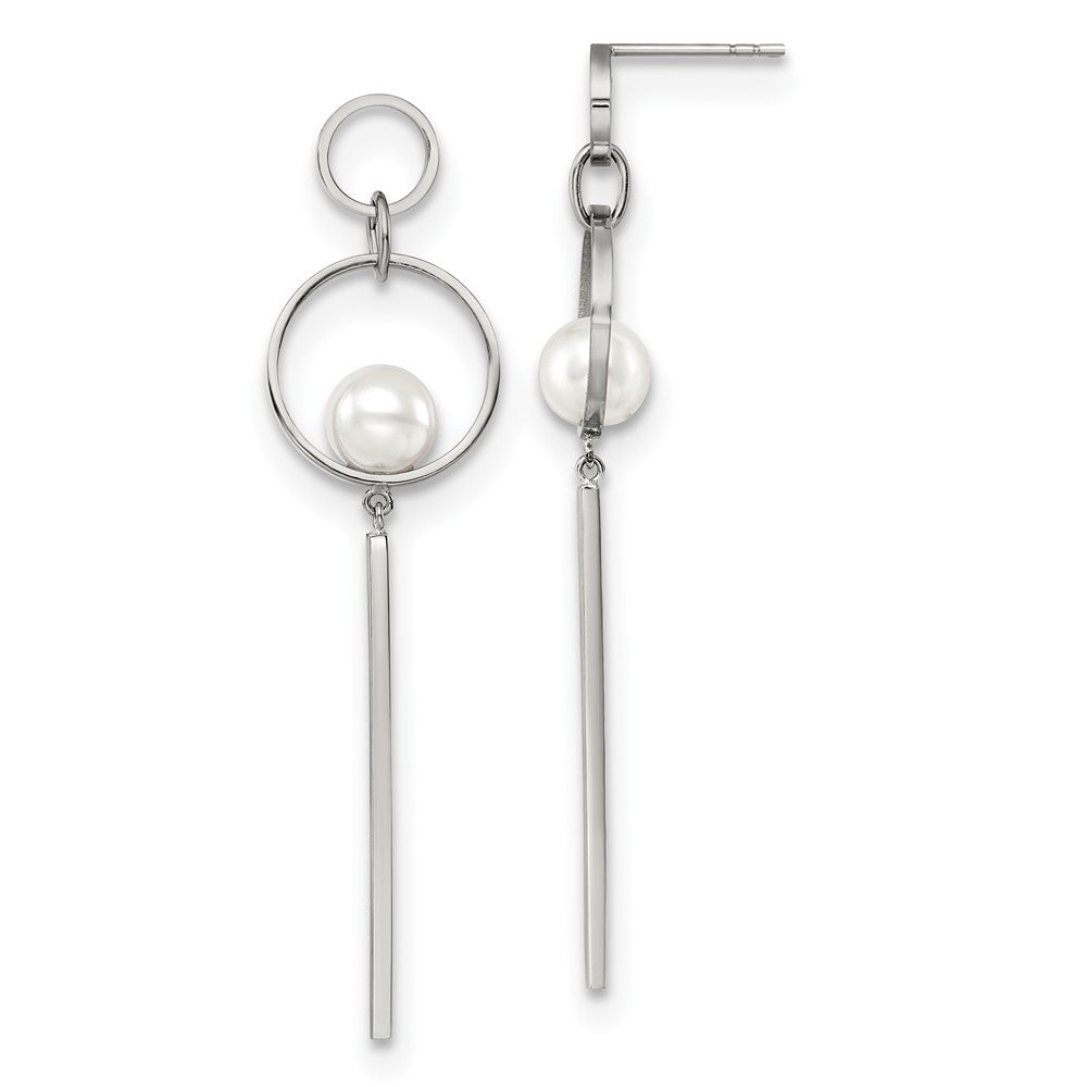 SRE1571 Chisel Stainless Steel Polished with Simulated Pearl Post Dangle Earrings