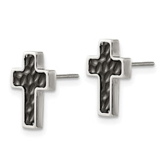 SRE1579 Chisel Stainless Steel Brushed Polished and Textured Black IP-plated Cross Post Earrings
