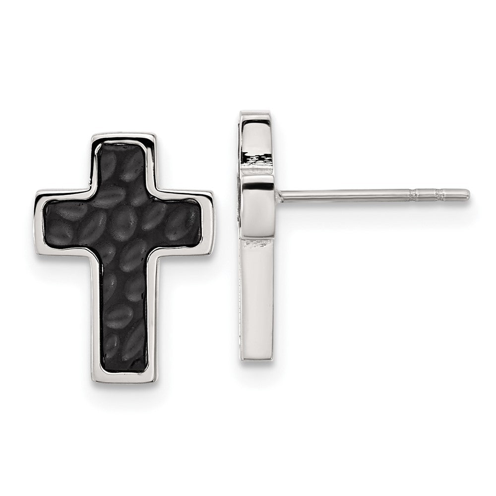 SRE1579 Chisel Stainless Steel Brushed Polished and Textured Black IP-plated Cross Post Earrings