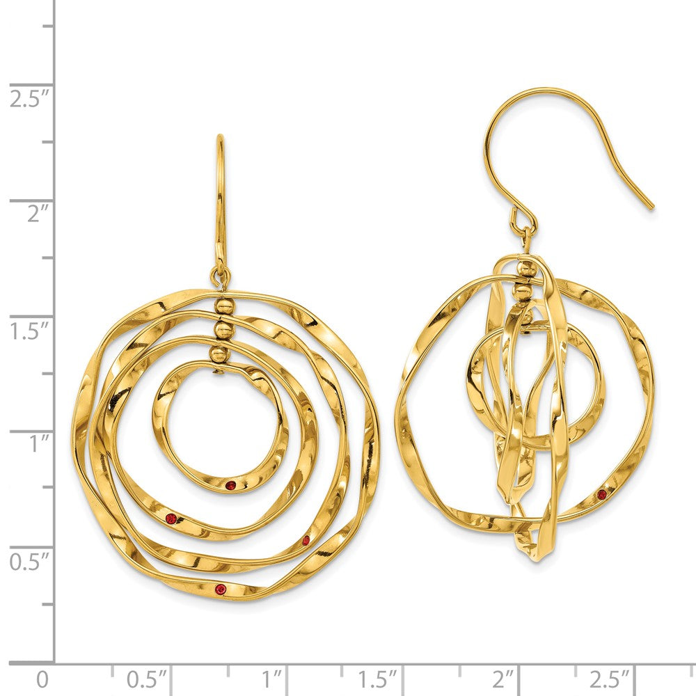 SRE1592 Chisel Stainless Steel Polished Yellow IP-plated with Red Preciosa Crystal Wavy Dangle Shepherd Hook Earrings