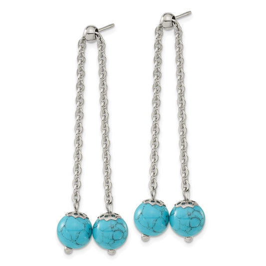 SRE1610 Chisel Stainless Steel Polished with Synthetic Turquoise Moveable Dangle Post Earrings