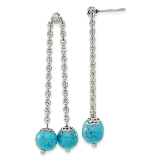 SRE1610 Chisel Stainless Steel Polished with Synthetic Turquoise Moveable Dangle Post Earrings