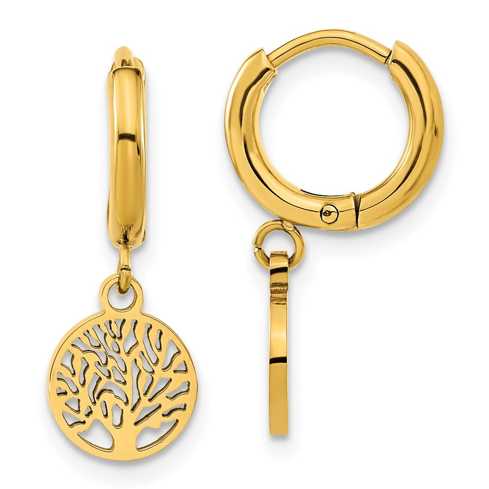 SRE1619 Chisel Stainless Steel Polished Yellow IP-plated Tree Dangle Hoop Earring