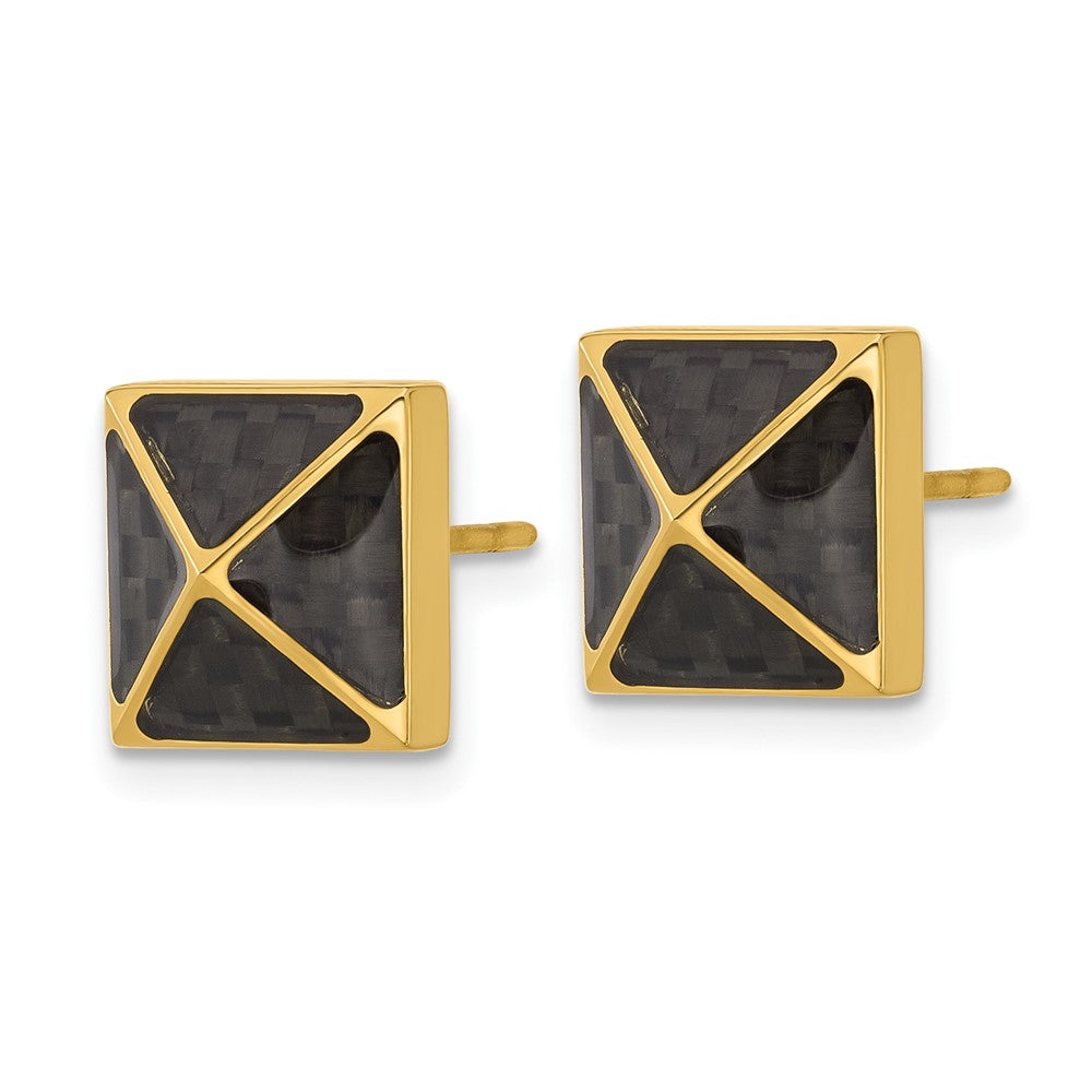 SRE1638 Chisel Stainless Steel Polished Yellow IP-plated Black Carbon Fiber Inlay Pyramid Stud Earrings