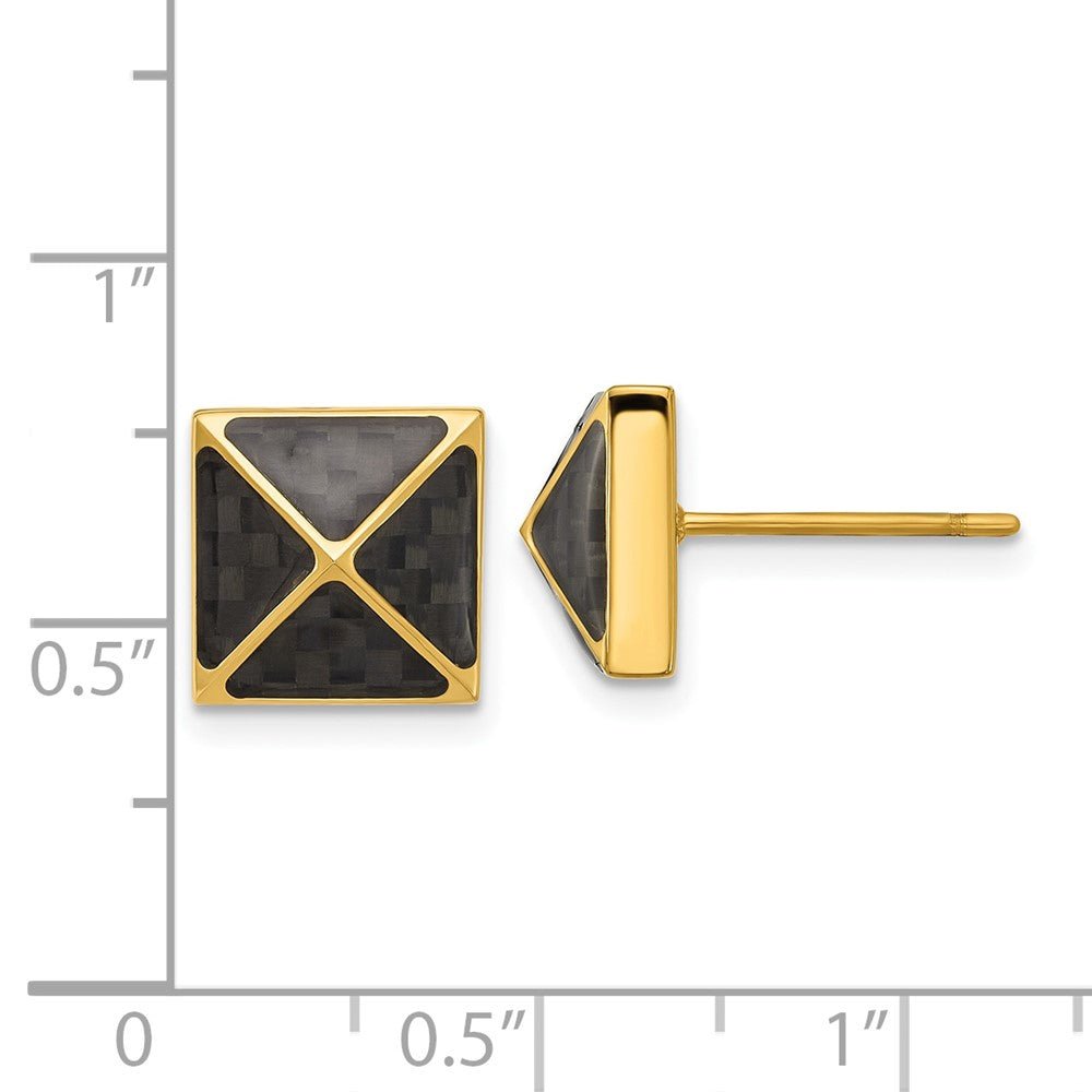 SRE1638 Chisel Stainless Steel Polished Yellow IP-plated Black Carbon Fiber Inlay Pyramid Stud Earrings
