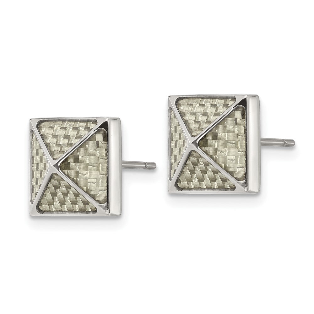 SRE1639 Chisel Stainless Steel Polished White Carbon Fiber Inlay Pyramid Stud Earrings