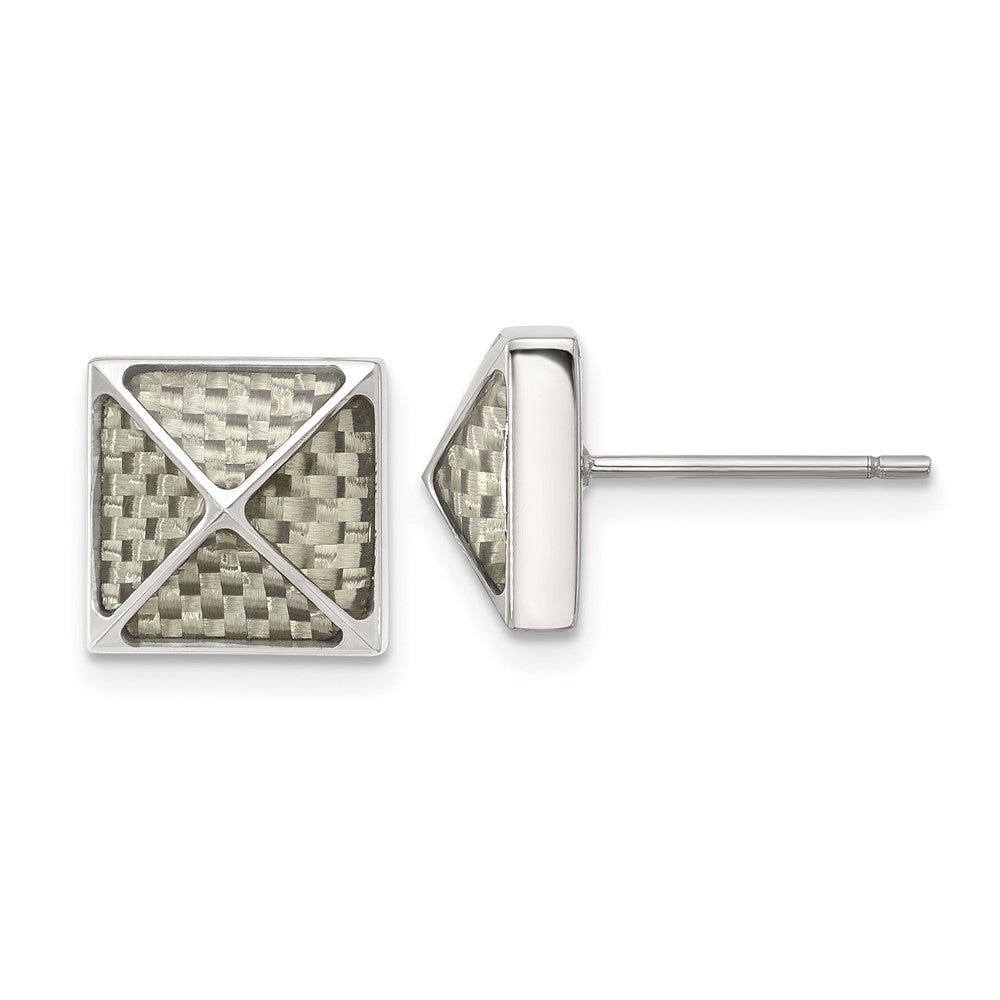 SRE1639 Chisel Stainless Steel Polished White Carbon Fiber Inlay Pyramid Stud Earrings