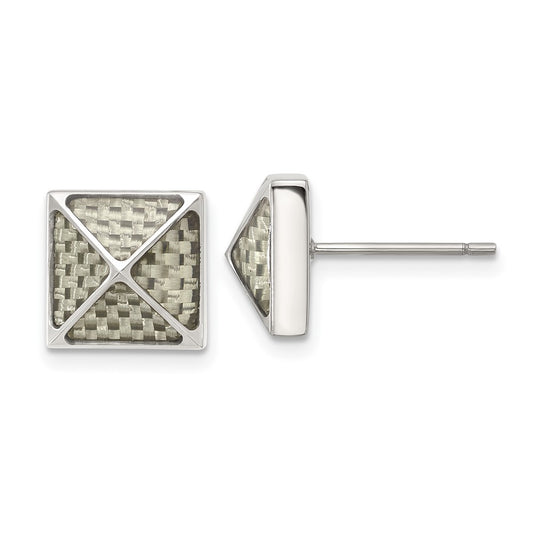 SRE1639 Chisel Stainless Steel Polished White Carbon Fiber Inlay Pyramid Stud Earrings