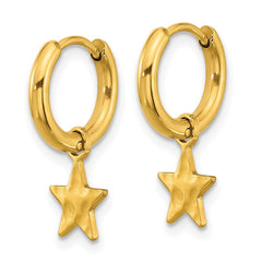 SRE1647 Chisel Stainless Steel Polished Yellow IP-plated Removeable Star Dangle Hinged Hoop Earrings