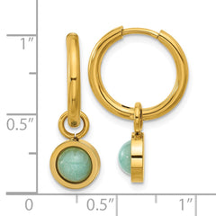 SRE1655 Chisel Stainless Steel Polished Yellow IP-plated with Removeable Green Jade Dangle Hinged Hoop Earrings
