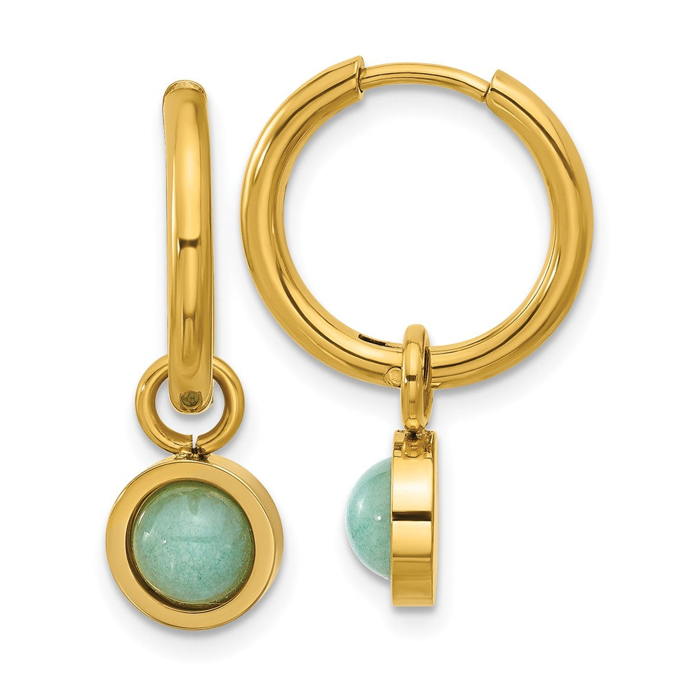 SRE1655 Chisel Stainless Steel Polished Yellow IP-plated with Removeable Green Jade Dangle Hinged Hoop Earrings