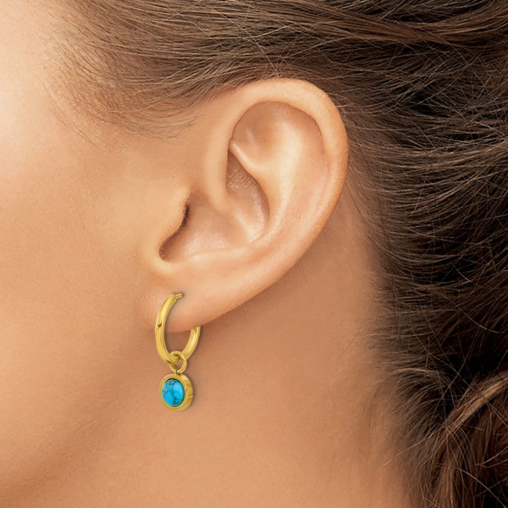 SRE1656 Chisel Stainless Steel Polished Yellow IP-plated with Removeable Synthetic Turquoise Dangle Hinged Hoop Earrings