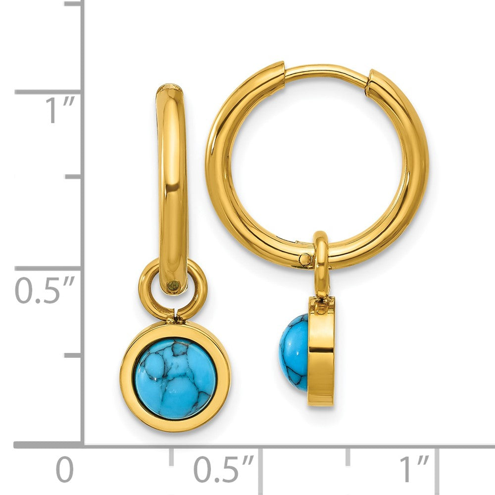 SRE1656 Chisel Stainless Steel Polished Yellow IP-plated with Removeable Synthetic Turquoise Dangle Hinged Hoop Earrings