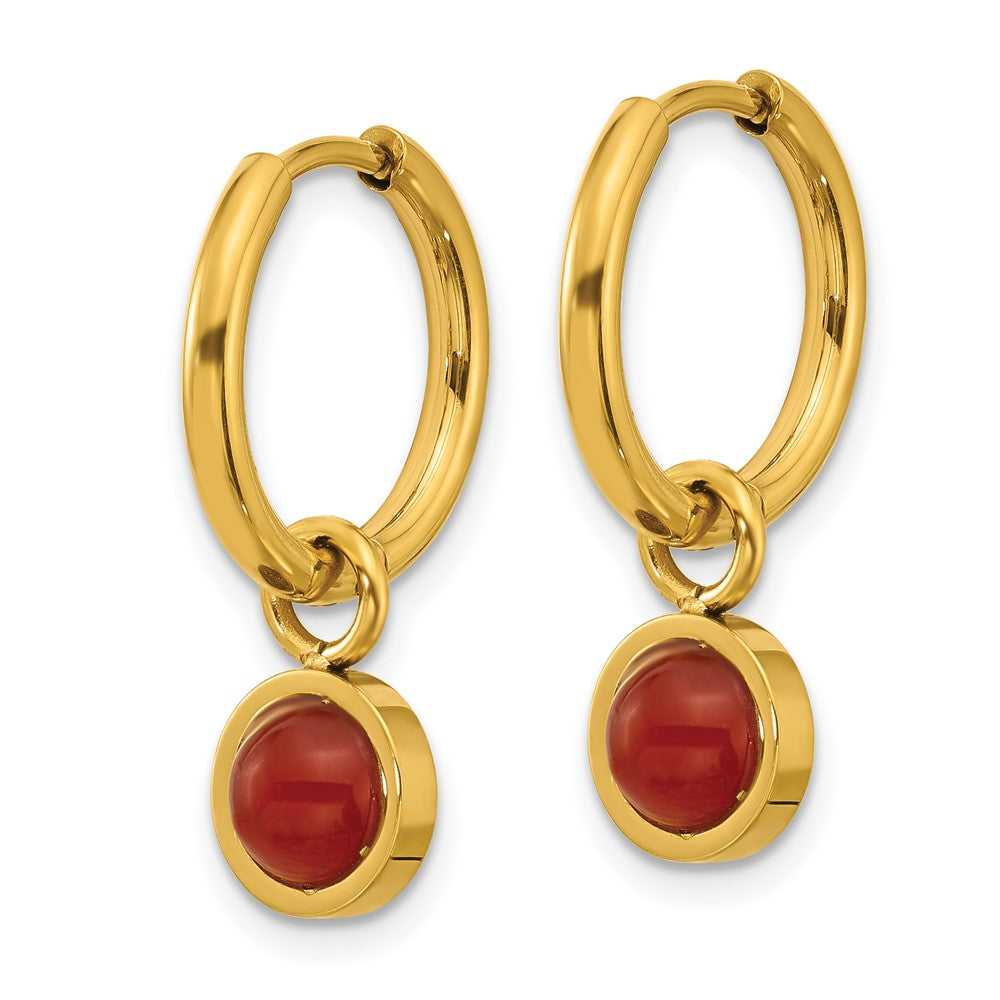 SRE1657 Chisel Stainless Steel Polished Yellow IP-plated with Removeable Red Jade Dangle Hinged Hoop Earrings