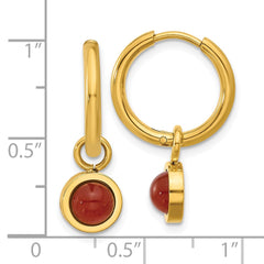 SRE1657 Chisel Stainless Steel Polished Yellow IP-plated with Removeable Red Jade Dangle Hinged Hoop Earrings