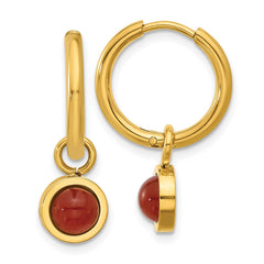 SRE1657 Chisel Stainless Steel Polished Yellow IP-plated with Removeable Red Jade Dangle Hinged Hoop Earrings