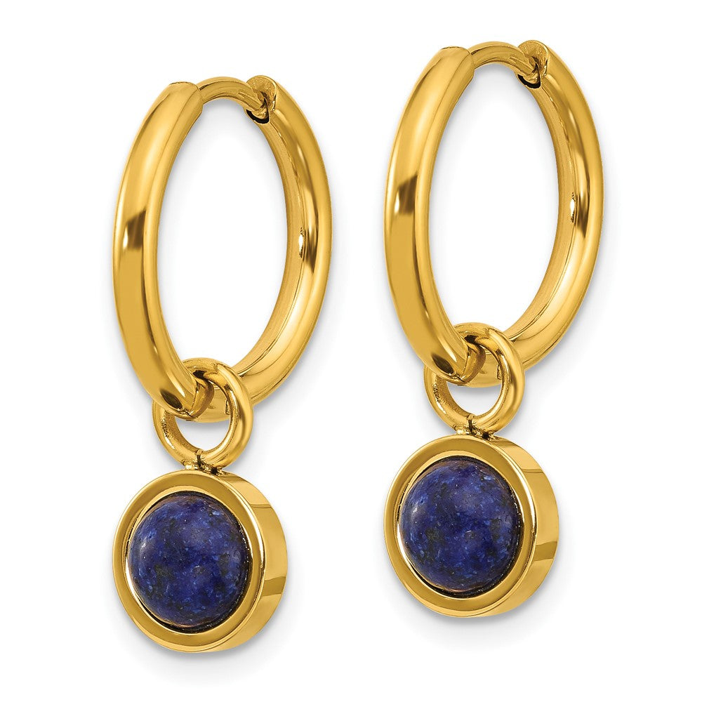 SRE1658 Chisel Stainless Steel Polished Yellow IP-plated with Removeable Blue Sodalite Dangle Hinged Hoop Earrings