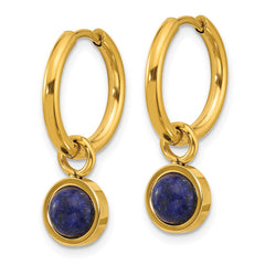 SRE1658 Chisel Stainless Steel Polished Yellow IP-plated with Removeable Blue Sodalite Dangle Hinged Hoop Earrings