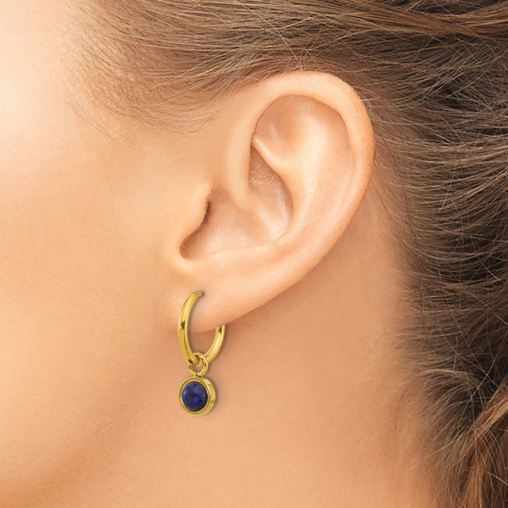 SRE1658 Chisel Stainless Steel Polished Yellow IP-plated with Removeable Blue Sodalite Dangle Hinged Hoop Earrings
