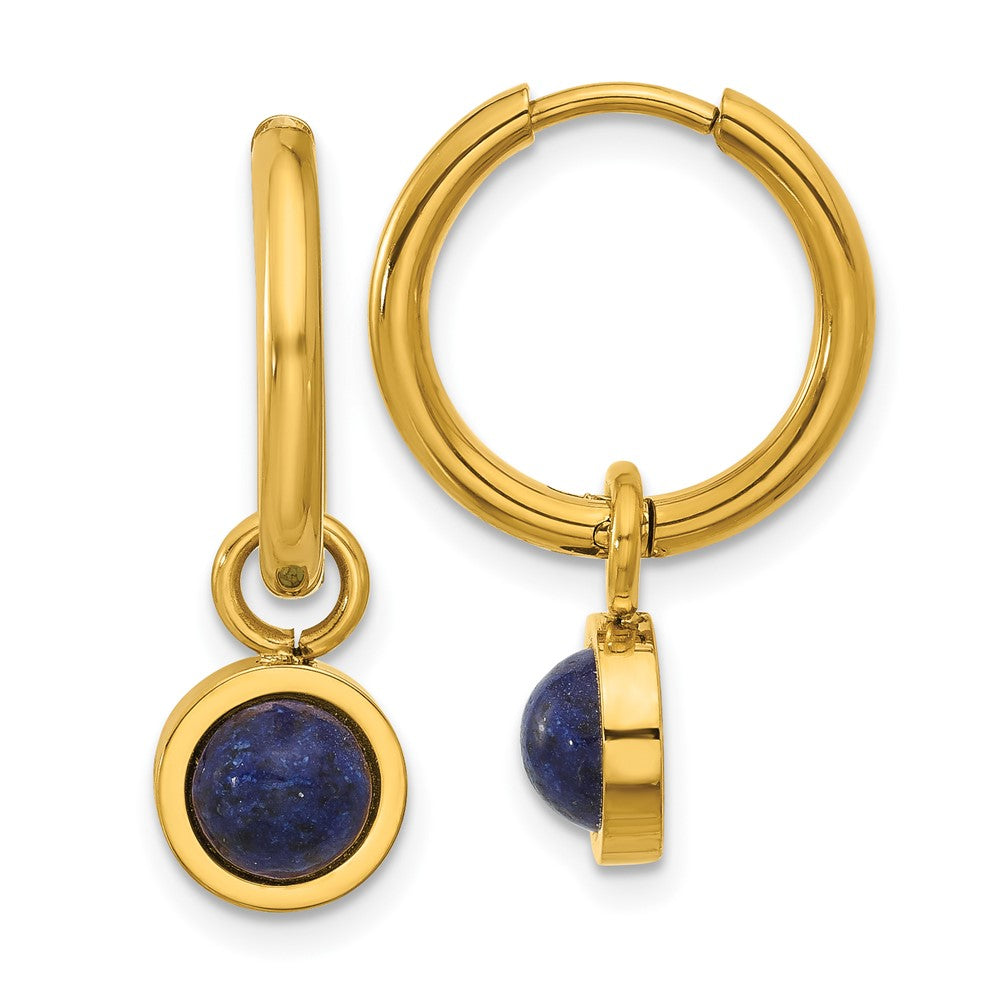 SRE1658 Chisel Stainless Steel Polished Yellow IP-plated with Removeable Blue Sodalite Dangle Hinged Hoop Earrings