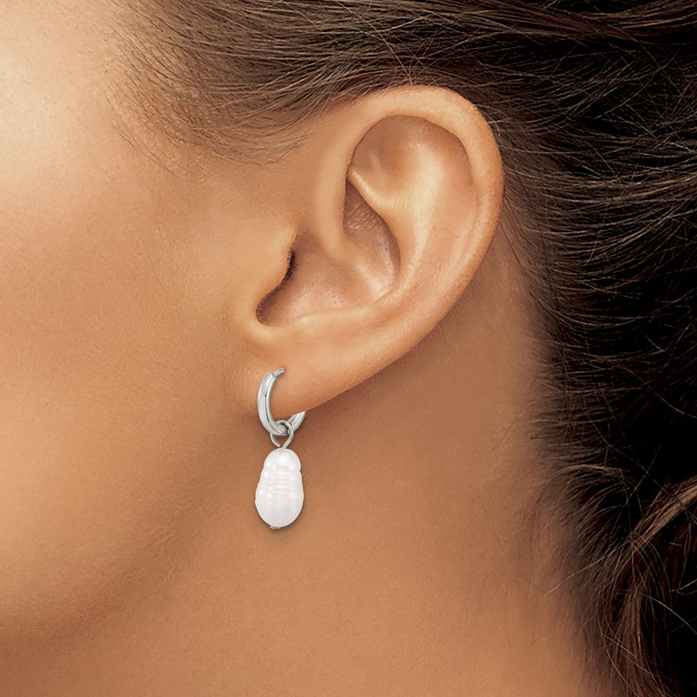 SRE1662 Chisel Stainless Steel Polished White Baroque Freshwater Cultured Pearl Dangle Hinged Hoop Earrings