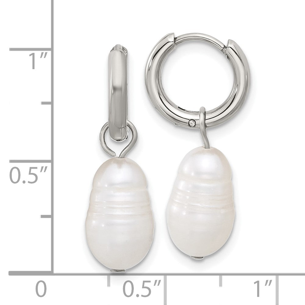 SRE1662 Chisel Stainless Steel Polished White Baroque Freshwater Cultured Pearl Dangle Hinged Hoop Earrings