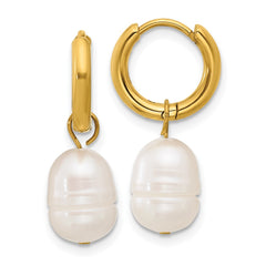 SRE1663 Chisel Stainless Steel Polished Yellow IP-plated White Baroque Freshwater Cultured Pearl Dangle Hinged Hoop Earrings