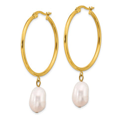 SRE1665 Chisel Stainless Steel Polished Yellow IP-plated White Baroque Freshwater Cultured Pearl Dangle Hoop Earrings