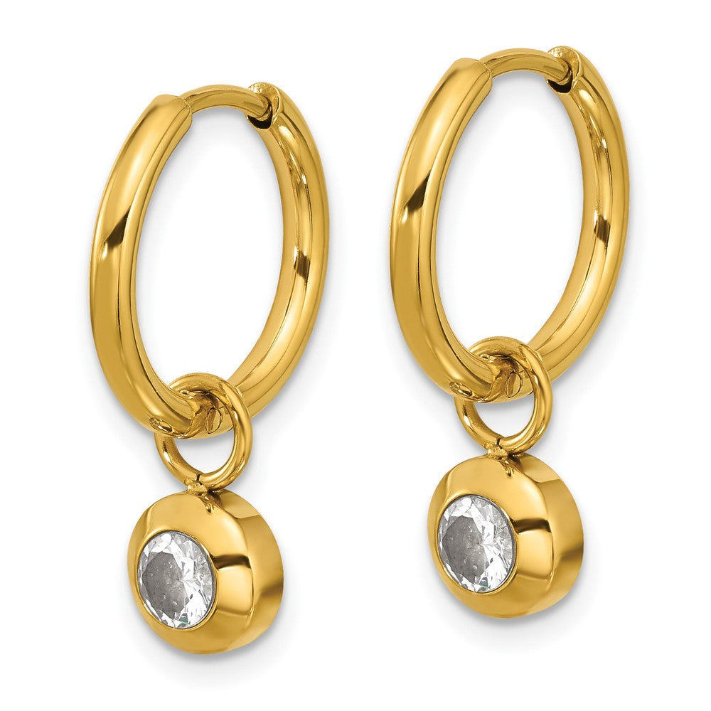 SRE1668 Chisel Stainless Steel Polished Yellow IP-plated with Removeable CZ Dangle Hinged Hoop Earrings