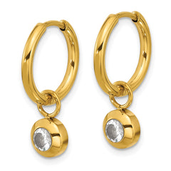 SRE1668 Chisel Stainless Steel Polished Yellow IP-plated with Removeable CZ Dangle Hinged Hoop Earrings