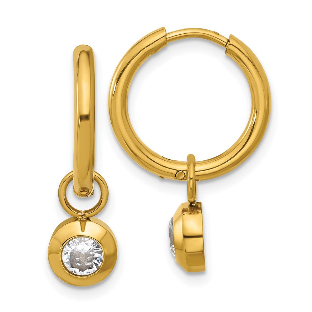 SRE1668 Chisel Stainless Steel Polished Yellow IP-plated with Removeable CZ Dangle Hinged Hoop Earrings