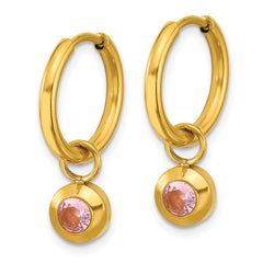 SRE1671 Chisel Stainless Steel Polished Yellow IP-plated with Removeable Pink CZ Dangle Hinged Hoop Earrings
