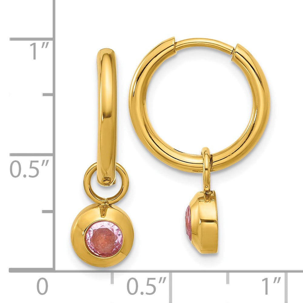 SRE1671 Chisel Stainless Steel Polished Yellow IP-plated with Removeable Pink CZ Dangle Hinged Hoop Earrings