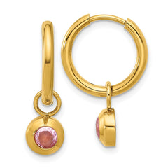 SRE1671 Chisel Stainless Steel Polished Yellow IP-plated with Removeable Pink CZ Dangle Hinged Hoop Earrings