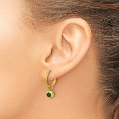 SRE1673 Chisel Stainless Steel Polished Yellow IP-plated with Removeable Green CZ Dangle Hinged Hoop Earrings