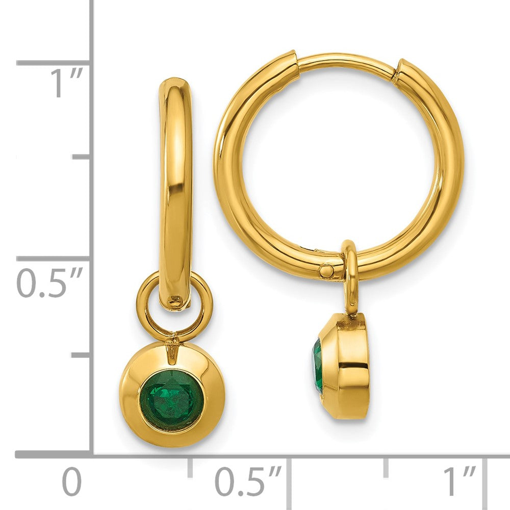 SRE1673 Chisel Stainless Steel Polished Yellow IP-plated with Removeable Green CZ Dangle Hinged Hoop Earrings