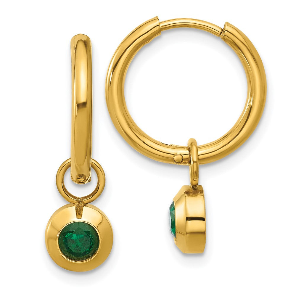 SRE1673 Chisel Stainless Steel Polished Yellow IP-plated with Removeable Green CZ Dangle Hinged Hoop Earrings