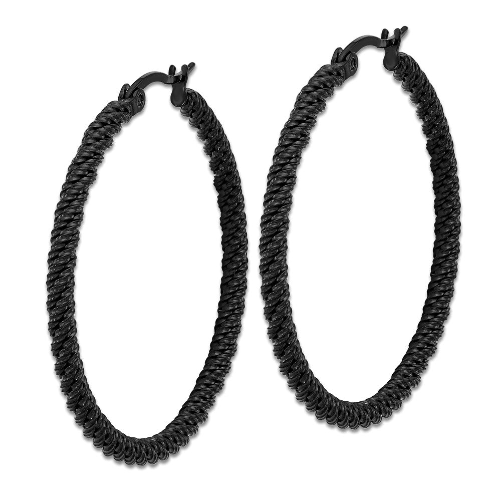 SRE1680 Chisel Stainless Steel Polished Black IP-plated Diamond Cut Hoop Earrings
