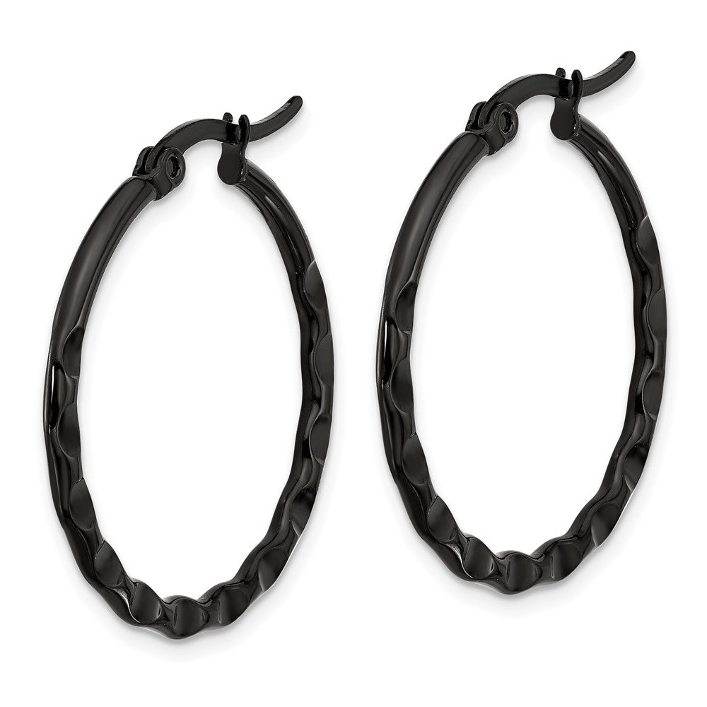 SRE1684 Chisel Stainless Steel Polished Black IP-plated Wavy Hoop Earrings