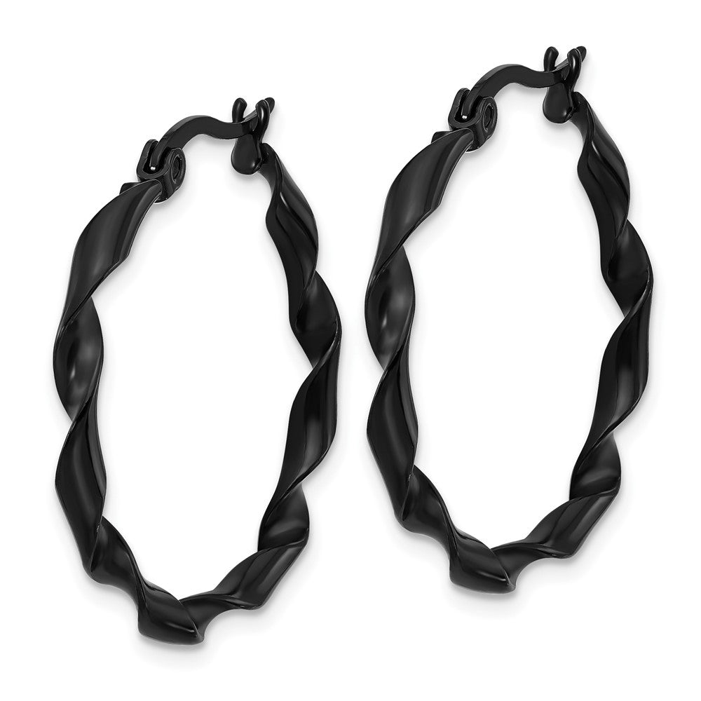 SRE1688 Chisel Stainless Steel Polished Black IP-plated Twisted Hoop Earrings