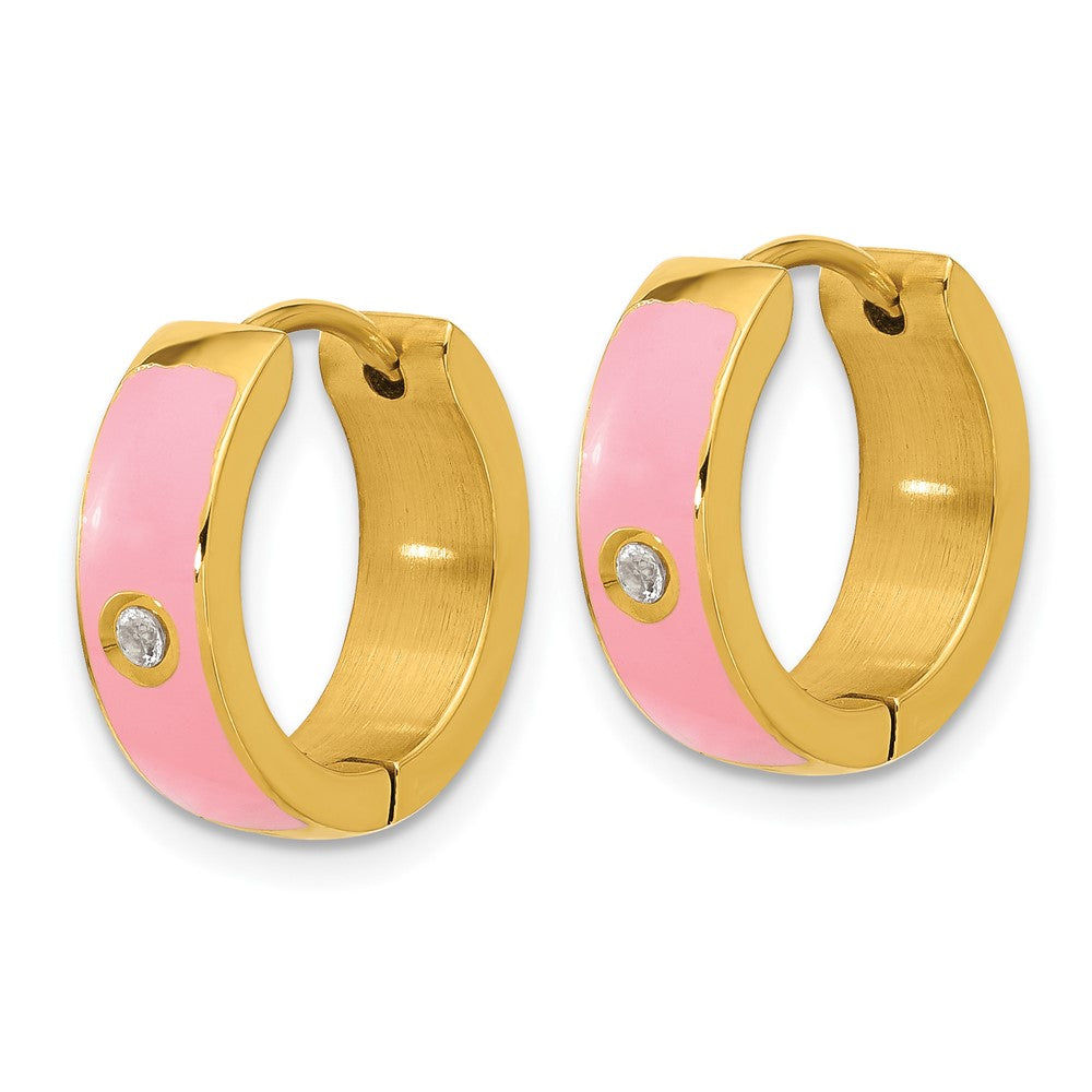 SRE1693 Chisel Stainless Steel Polished Yellow IP-plated with Pink Enamel and CZ 5mm Hinged Hoop Earrings