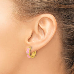 SRE1693 Chisel Stainless Steel Polished Yellow IP-plated with Pink Enamel and CZ 5mm Hinged Hoop Earrings